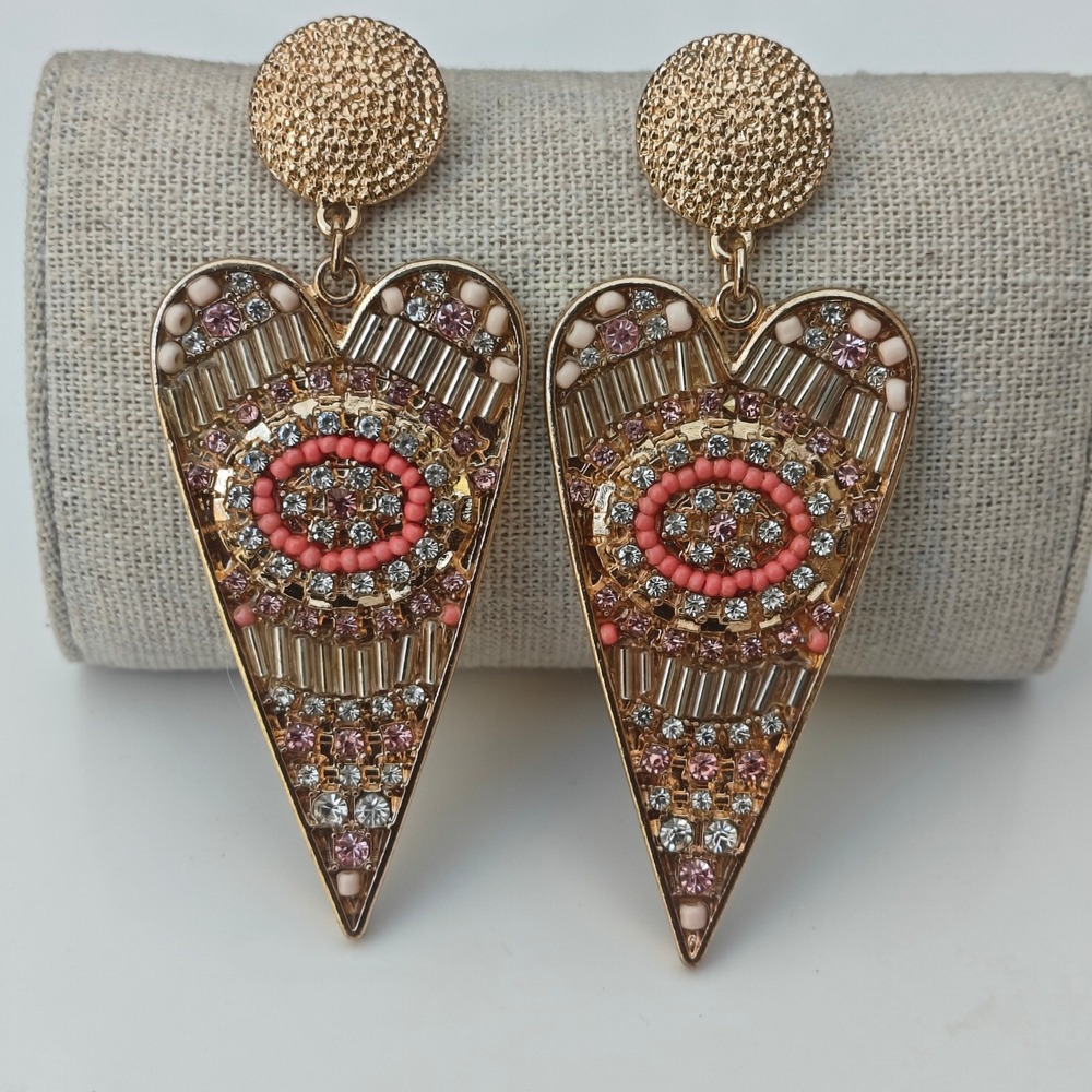 H&M Gold Tone Pink Rhinestone Beaded Elongated Heart Earrings Statement Drop
